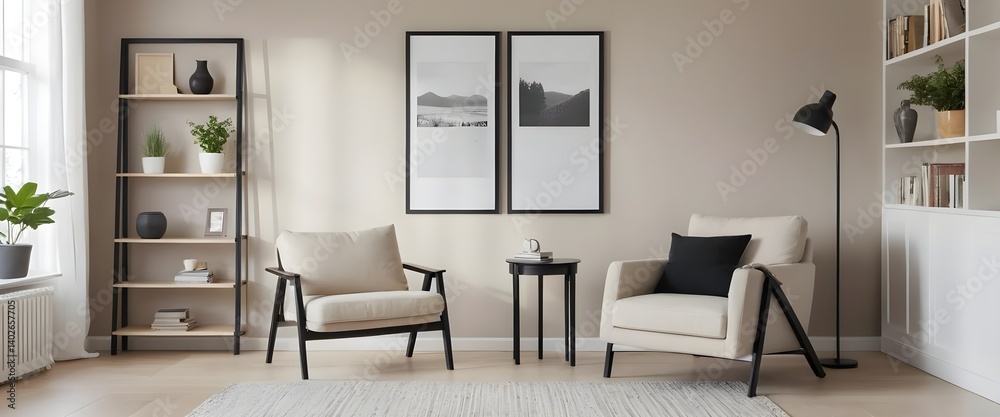 Fototapeta premium Modern Living Room Interior with Beige Armchairs and Stylish Decor