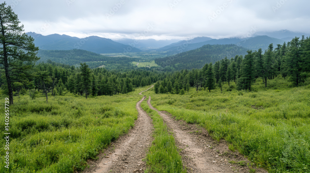 winding dirt path leads through lush green grass and trees, surrounded by mountains cloudy sky winding dirt path leads through lush green grass and trees, surrounded by mountains cloudy sky