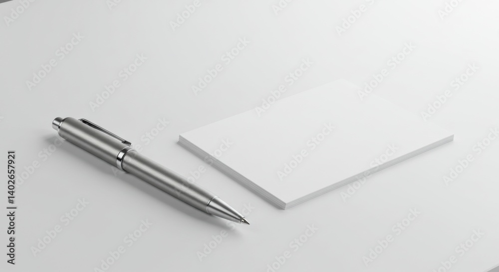 Silver pen and blank white notepad minimalist composition Silver pen and blank white notepad minimalist composition
