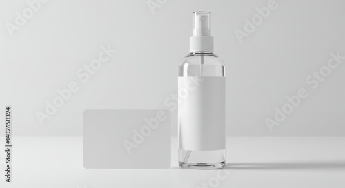 Transparent spray bottle with blank label and business card mockup