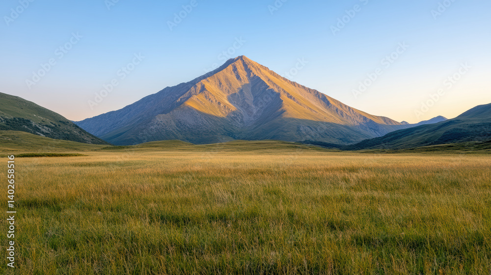 Majestic mountain peak surrounded by lush green fields under clear blue sky Majestic mountain peak surrounded by lush green fields under clear blue sky