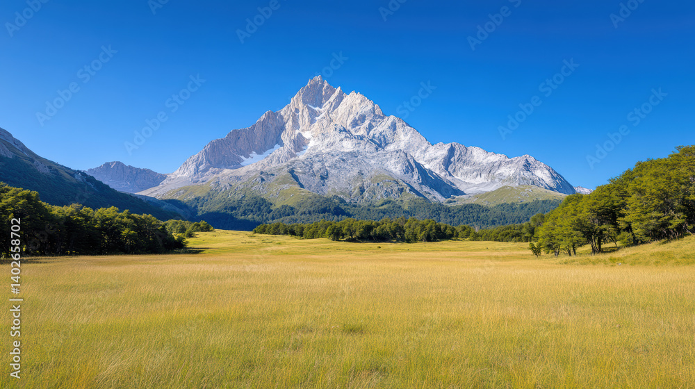 Fototapeta premium Majestic mountain peaks rise above golden meadow clear blue sky, creating serene landscape