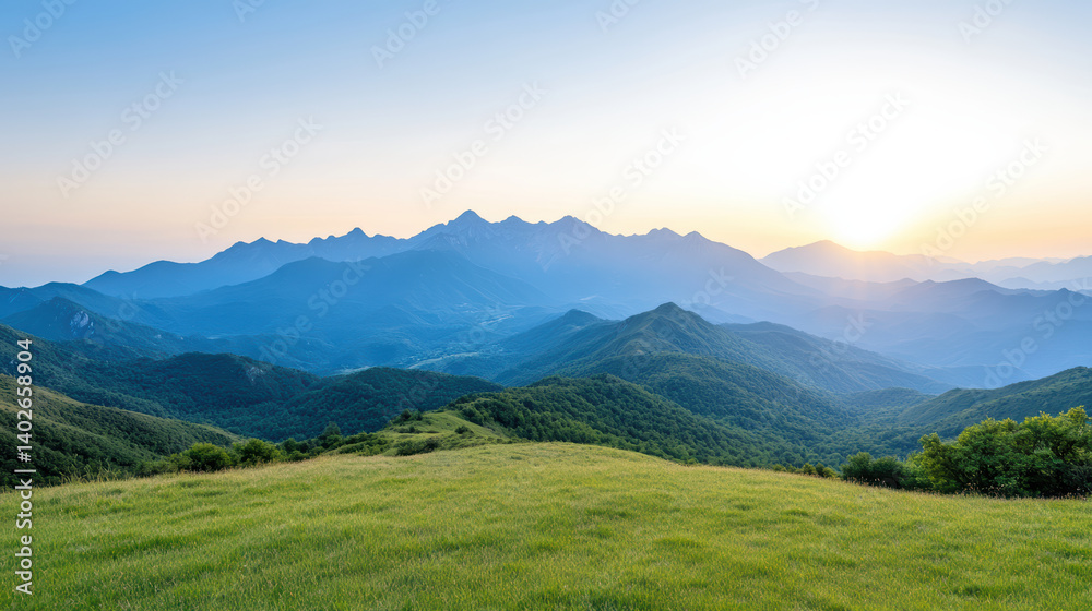 Breathtaking mountains rise against clear sky, showcasing nature beauty at sunset Breathtaking mountains rise against clear sky, showcasing nature beauty at sunset
