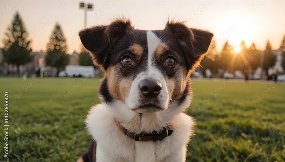 Happy Dog at Sunset in Park Happy Dog at Sunset in Park