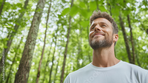 man smiles peacefully in lush green forest, enjoying nature beauty and tranquility
