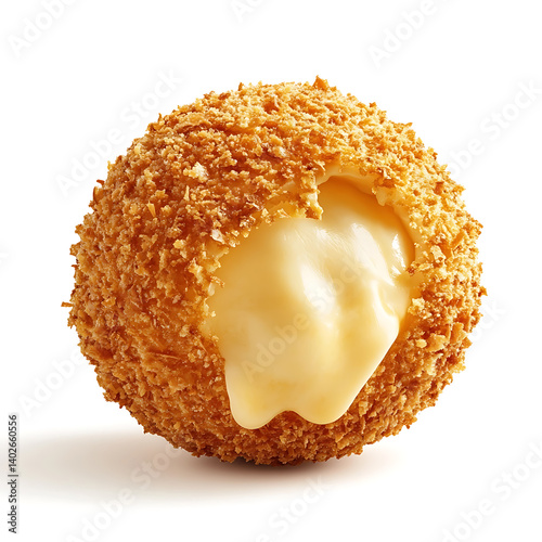 A golden crispy mozzarella ball with a breadcrumb coating, melting cheese interior, and slightly curled edges