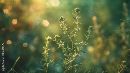 Green wild plant growing under soft sunlight in a dreamy natural setting. Ideal for eco, organic, or botanical concepts with a bokeh background