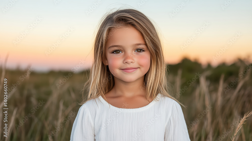 Young girl smiling in field during sunset, with soft light and natural beauty Young girl smiling in field during sunset, with soft light and natural beauty