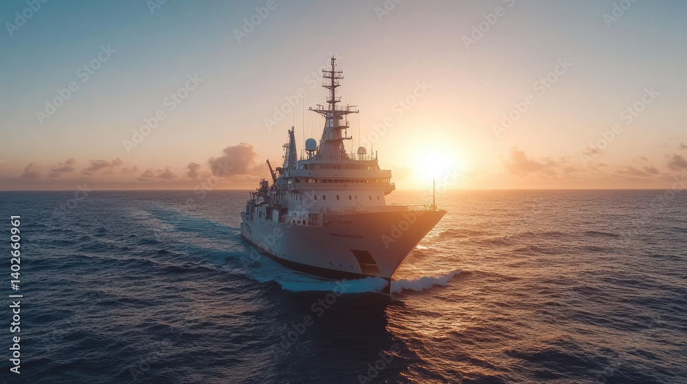 Majestic ship sailing across ocean at sunset, creating serene atmosphere Majestic ship sailing across ocean at sunset, creating serene atmosphere