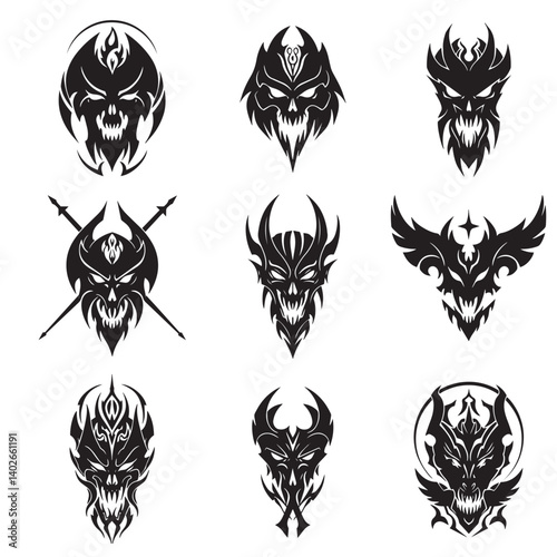 Vector tribal tattoo artwork including animal skull shapes Maori pattern influence abstract winged silhouettes and symmetrical geometry for bold tattoo concepts
