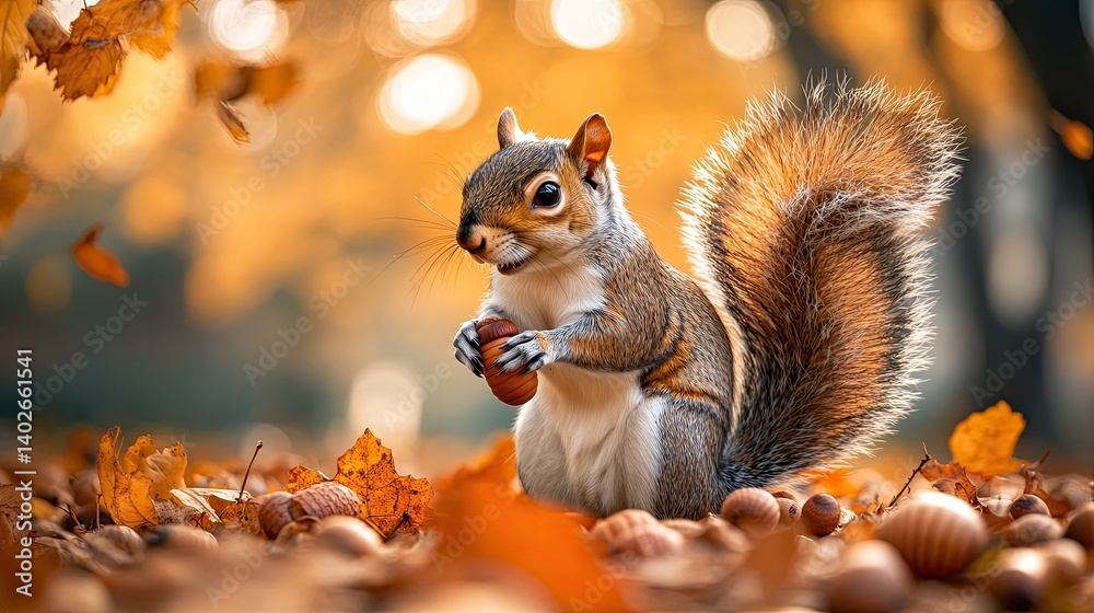 Playful Squirrel Gathering Acorns Under Vibrant Tree, A Lively Wildlife Scene in Autumn Playful Squirrel Gathering Acorns Under Vibrant Tree, A Lively Wildlife Scene in Autumn