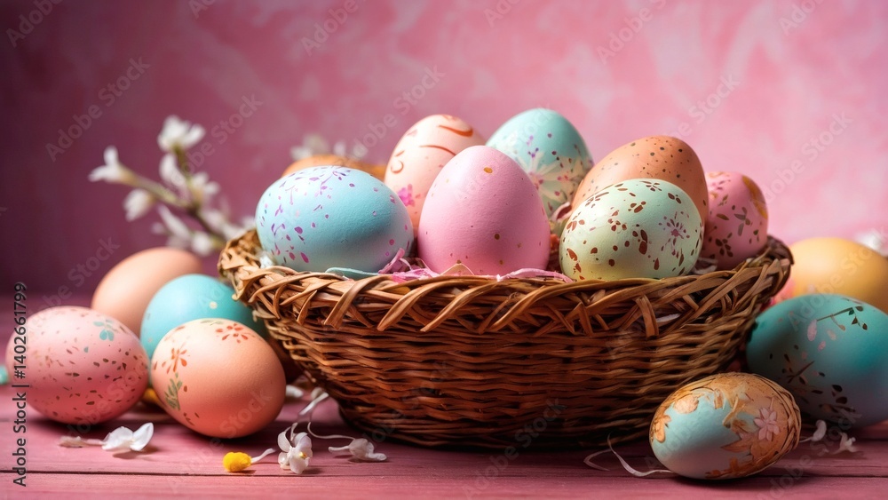 Colorful Easter eggs arranged in a wicker basket on a vibrant backdrop Generative AI Colorful Easter eggs arranged in a wicker basket on a vibrant backdrop Generative AI