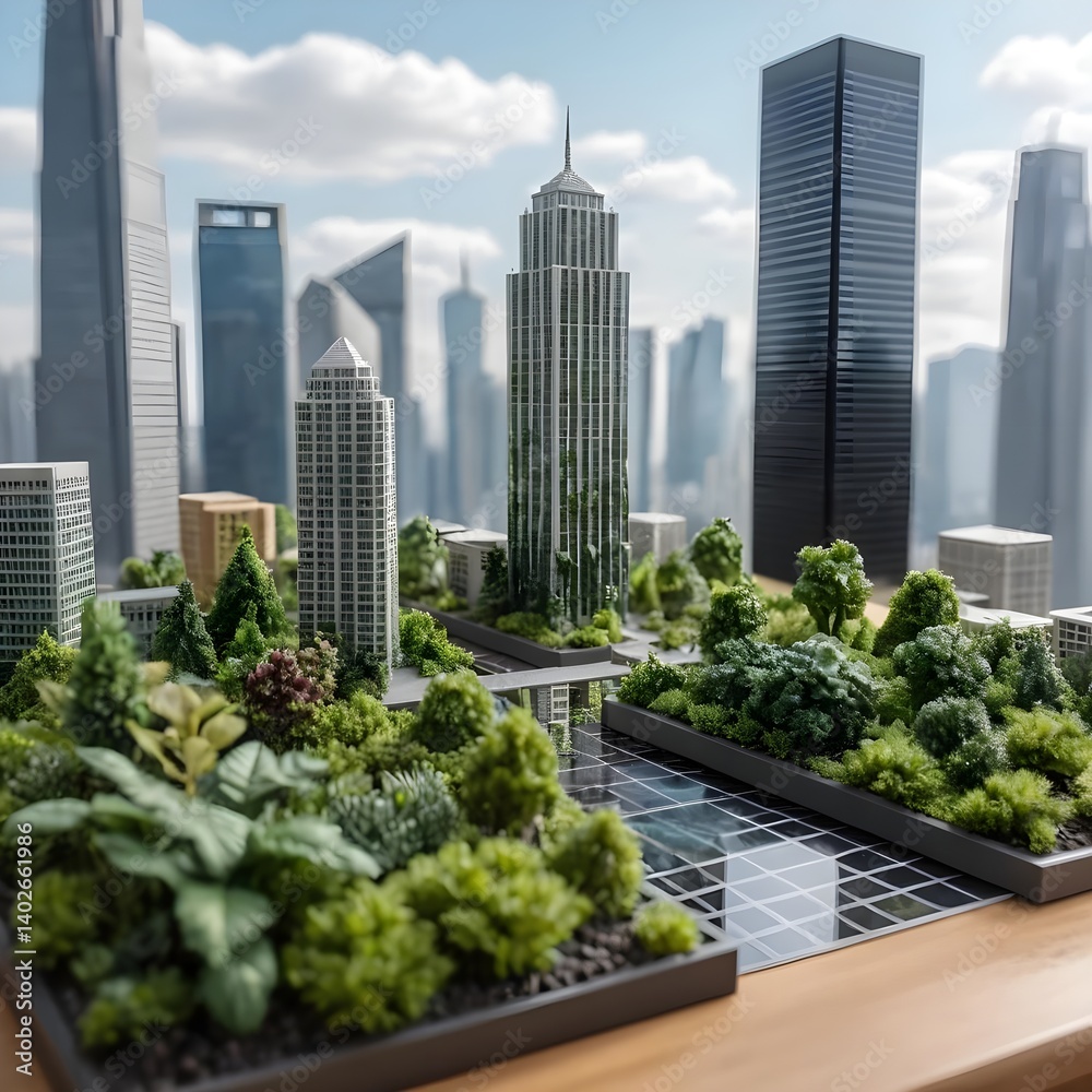Fototapeta premium Eco-Friendly Cityscape Model with Green Roofs and Solar Panels