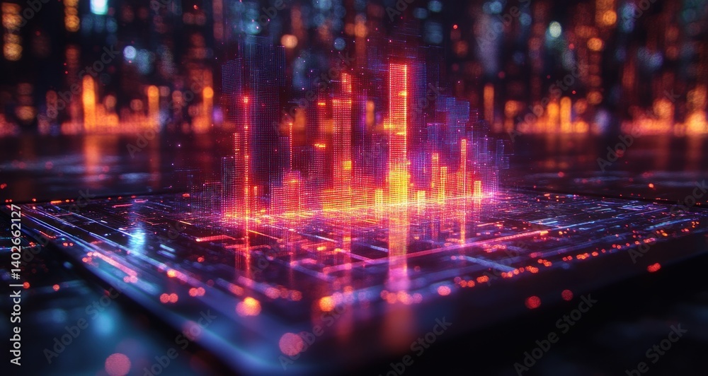 Naklejka premium Businessman Presenting Digital Hologram of Growth Statistics Chart from Tablet on Dark Background for Business Success Strategy