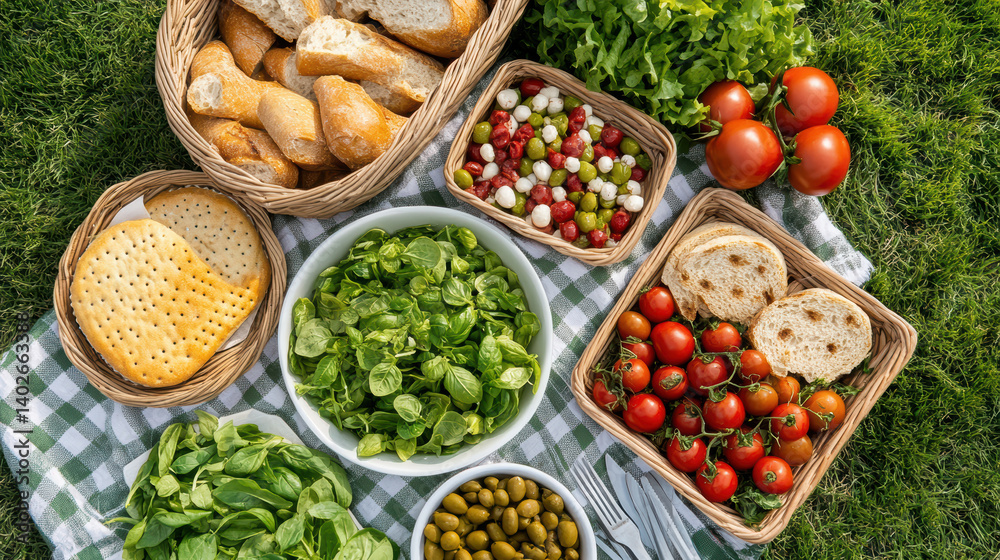 Fresh picnic spread with plant based foods, including salads, bread, and tomatoes