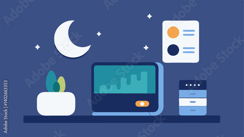 Sleep Tracker An illustration of a device resting on a bedside table displaying a moon icon with sleep cycles and duration metrics illuminated on the screen.