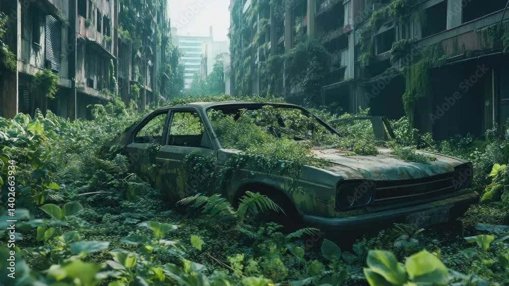 Abandoned Car Covered in Greenery in a Deteriorating Urban Environment Surrounded by Overgrown Vegetation