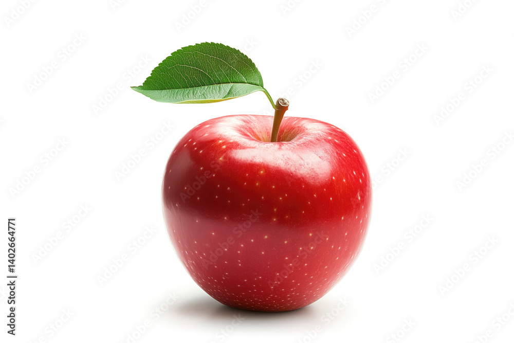 Red Apple with Green Leaf on White Background. The vibrant colors and crisp details showcase the apple's freshness and appeal, making this image ideal for food marketing or nutrition websites Red Apple with Green Leaf on White Background. The vibrant colors and crisp details showcase the apple's freshness and appeal, making this image ideal for food marketing or nutrition websites