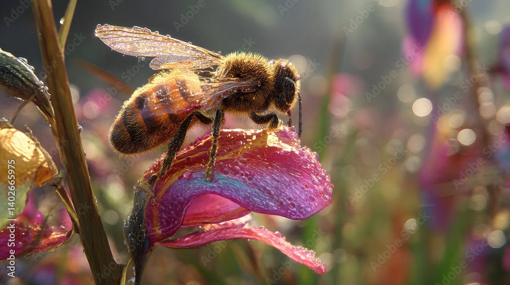 3D Bee on a Giant Flower in Hyperrealistic Nature Scene