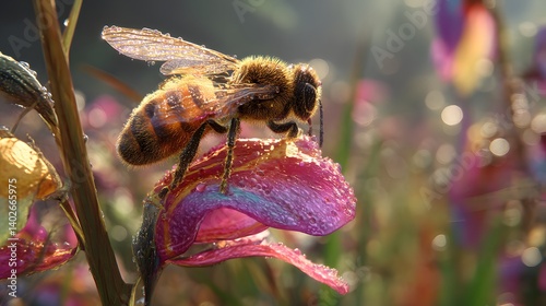 Obraz na płótnie 3D Bee on a Giant Flower in Hyperrealistic Nature Scene w salonie