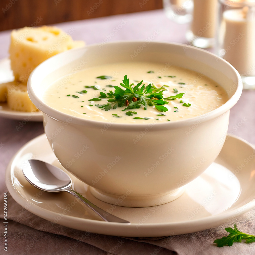 Creamy soup served with cheese and herbs on a cozy table setting Generative AI Creamy soup served with cheese and herbs on a cozy table setting Generative AI