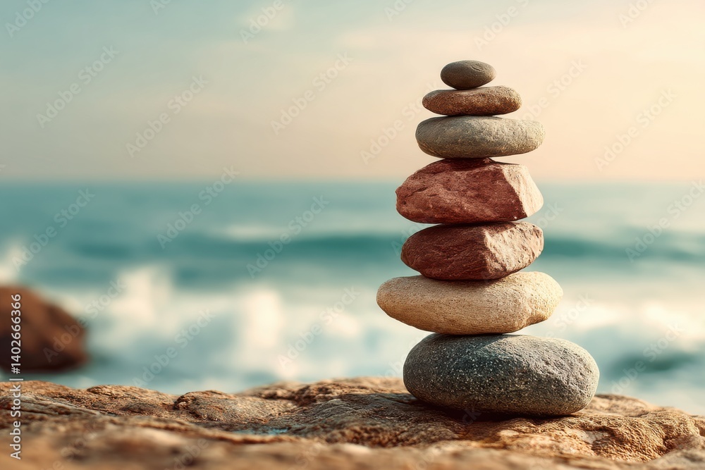 Fototapeta premium Tranquil stone stack by the sea, showcasing balance and peace against a soft, blurred ocean backdrop, promoting relaxation and mindfulness in a serene landscape.