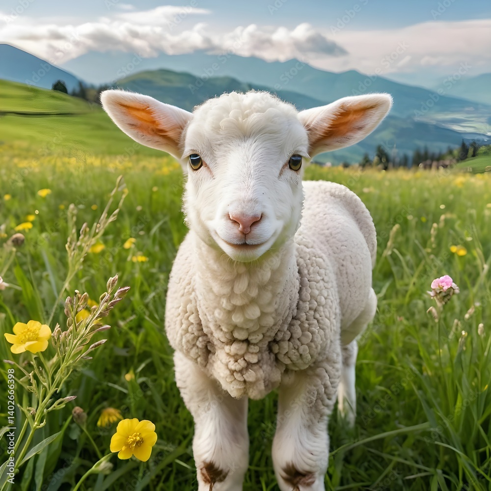 Fototapeta premium Adorable Lamb in Spring Meadow