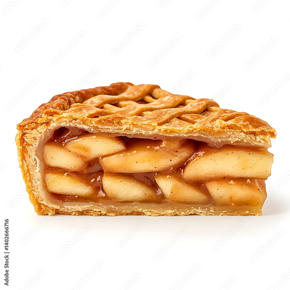 A thick slice of apple pie with a flaky golden crust, cinnamon-spiced apple filling, and slightly bubbling edges A thick slice of apple pie with a flaky golden crust, cinnamon-spiced apple filling, and slightly bubbling edges