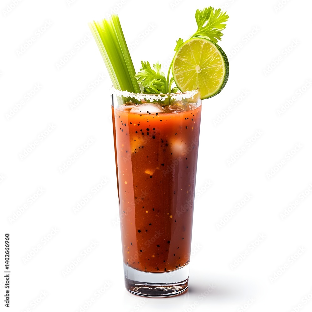 Bloody Mary in a Tall Glass with Celery and Lime on White Background