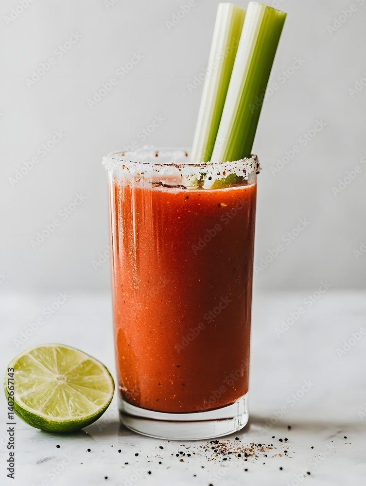 Bloody Mary in a Tall Glass with Celery and Lime on White Background