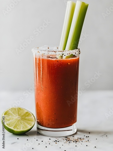Obraz na płótnie Bloody Mary in a Tall Glass with Celery and Lime on White Background w salonie
