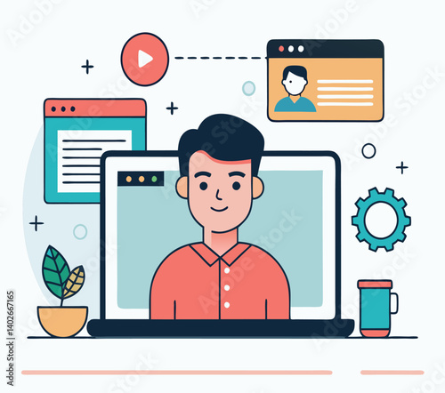 Cartoon Man On A Laptop Screen With Digital Elements And Website Icons
