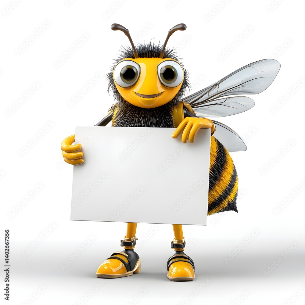 Business Bee Mascot 3D Character Holding a Sign