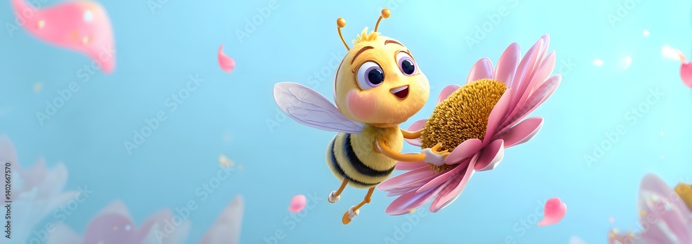 3D Cartoon Bee Flying with a Flower in Its Hands