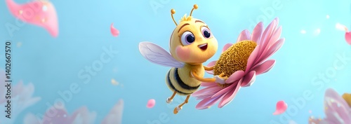 Obraz na płótnie 3D Cartoon Bee Flying with a Flower in Its Hands w salonie