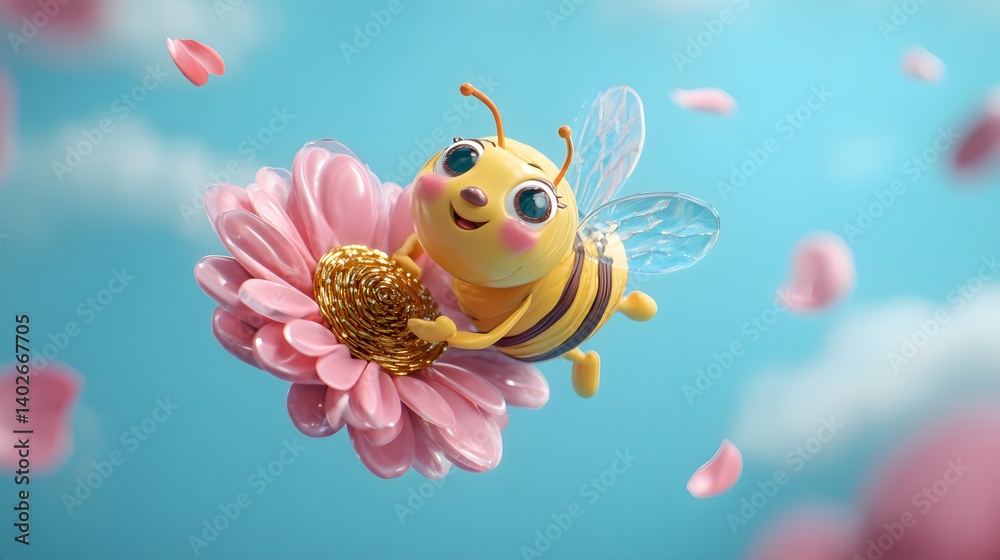 3D Cartoon Bee Flying with a Flower in Its Hands