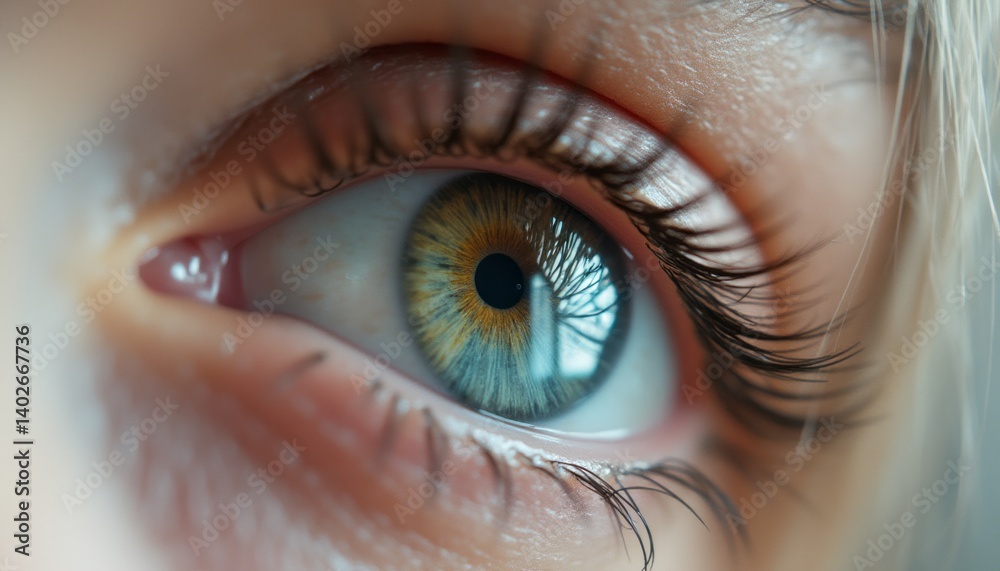Fototapeta premium This stunning close-up captures the intricate details of a human eye, showcasing a blend of blue and golden tones that create a captivating gaze. The reflection of delicate tree branches adds depth