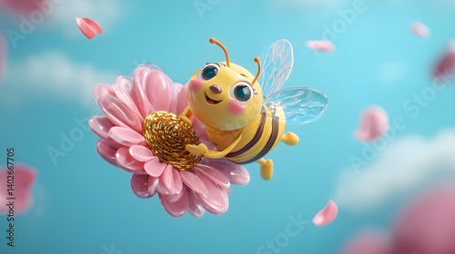 Obraz na płótnie 3D Cartoon Bee Flying with a Flower in Its Hands w salonie
