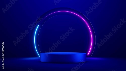 Abstract background podium with light neon. Blue 3d empty animation podium. Presentation commercial product stand, showcase background.