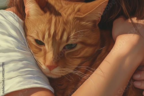 A red tabby cat resting peacefully in a girl's arms on a warm summer evening, captured in stunning photo realism with soft light and tender atmosphere.