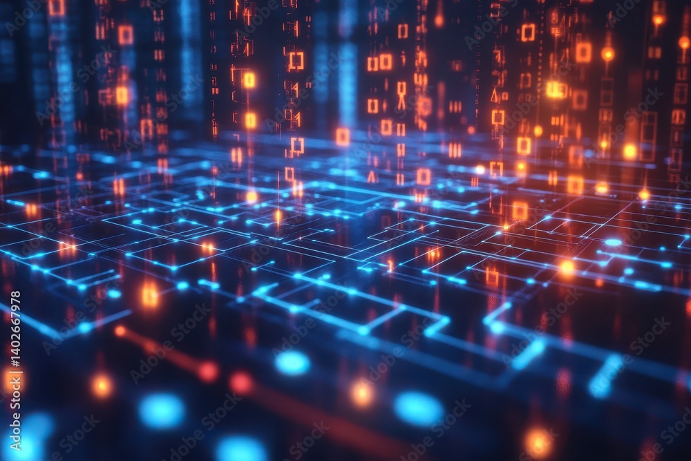 Digital Network Abstract Technology Background glowing blue and orange lines and numbers Digital Network Abstract Technology Background glowing blue and orange lines and numbers