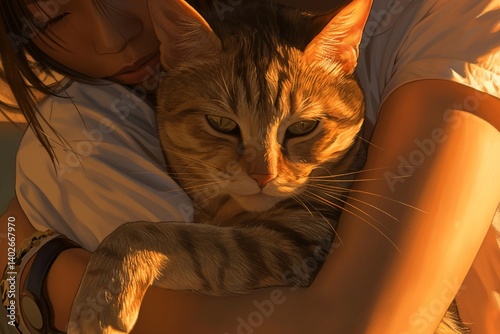 A red tabby cat resting peacefully in a girl's arms on a warm summer evening, captured in stunning photo realism with soft light and tender atmosphere.