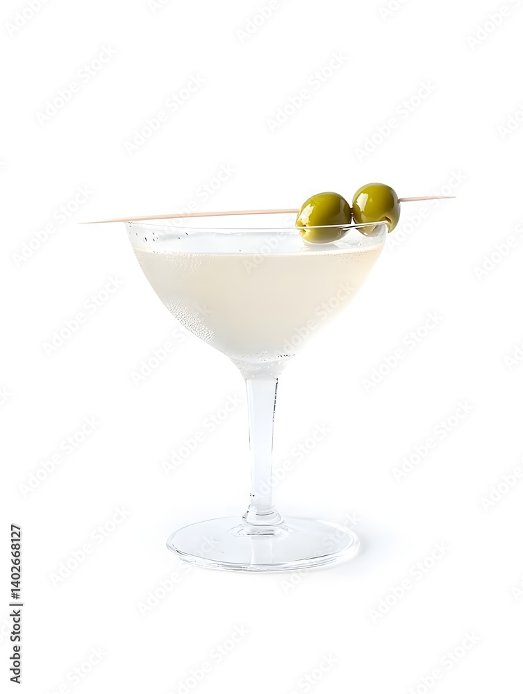 Classic Martini with Green Olives in a Chilled Glass on White Background