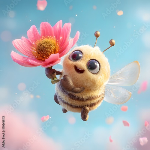3D Cartoon Bee Flying with a Flower in Its Hands