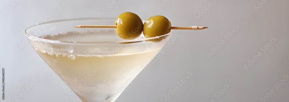 Classic Martini with Green Olives in a Chilled Glass on White Background