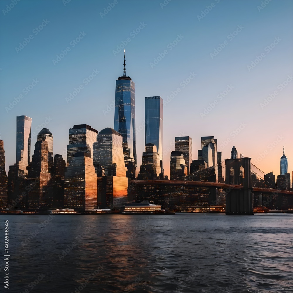 Obraz premium New York City Skyline at Sunset with Brooklyn Bridge