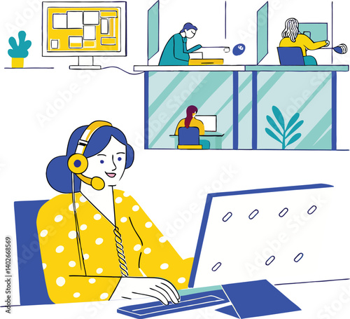  Illustration of a customer service agent interacting with clients via video call, symbolizing remote work, virtual customer support, and digital communication in modern service environments.