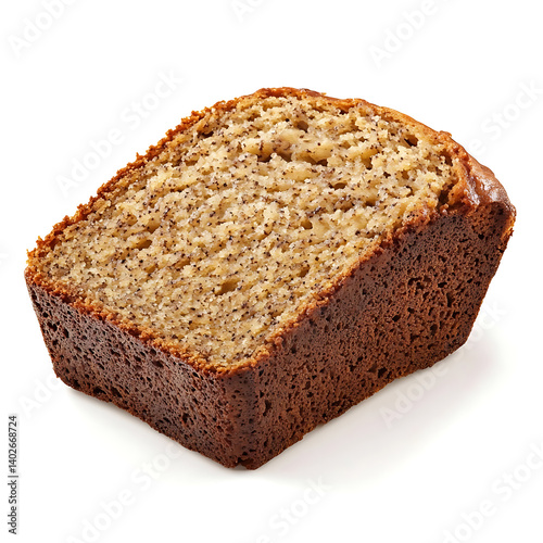 A thick slice of banana bread with a moist crumb, ripe banana flavor, and a golden