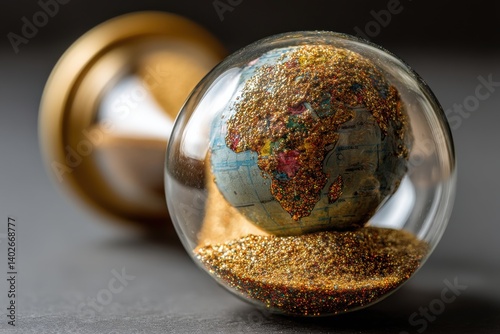 A glittering hourglass with the Earth encased in sand, symbolizing time running out for the planet and highlighting environmental urgency, and the need for sustainable action. photo