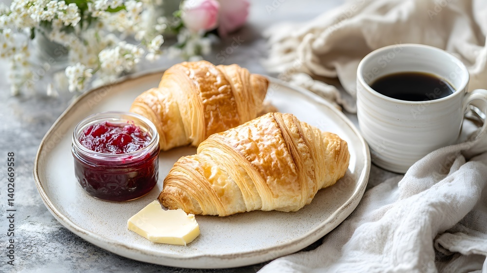 Golden Brown French Croissants with Butter and Coffee on a Wooden Table